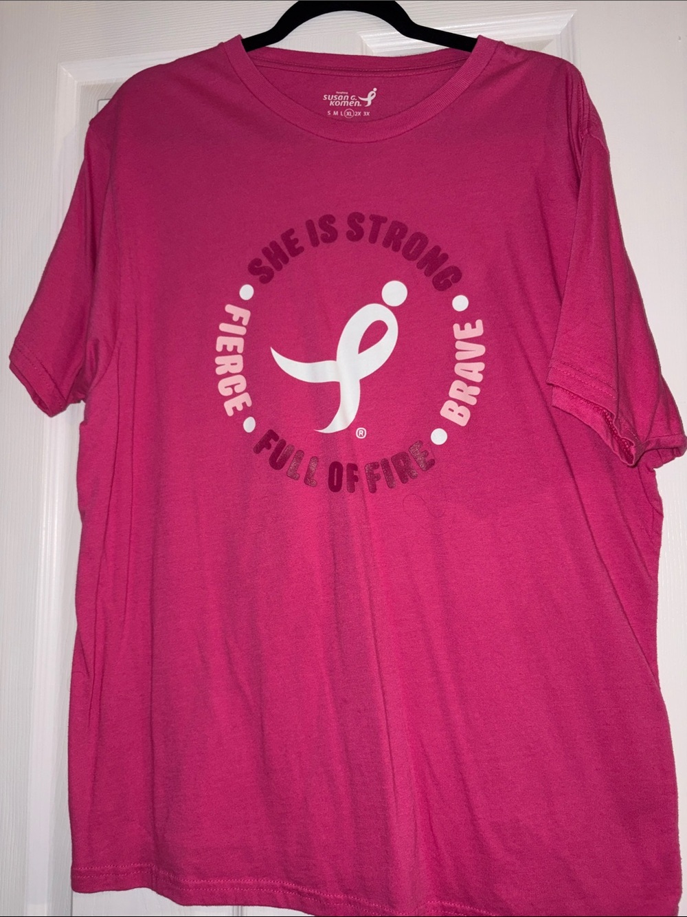She Is Strong Pink Graphic Tee - Support Ribbon Short Sleeve Shirt